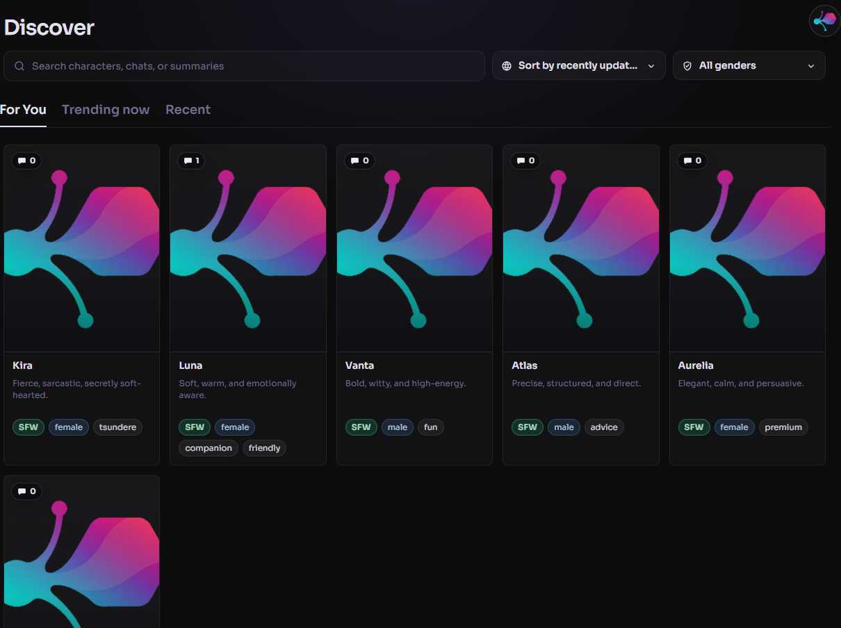 Discover page with search, sort, gender filter, tabs, and character cards