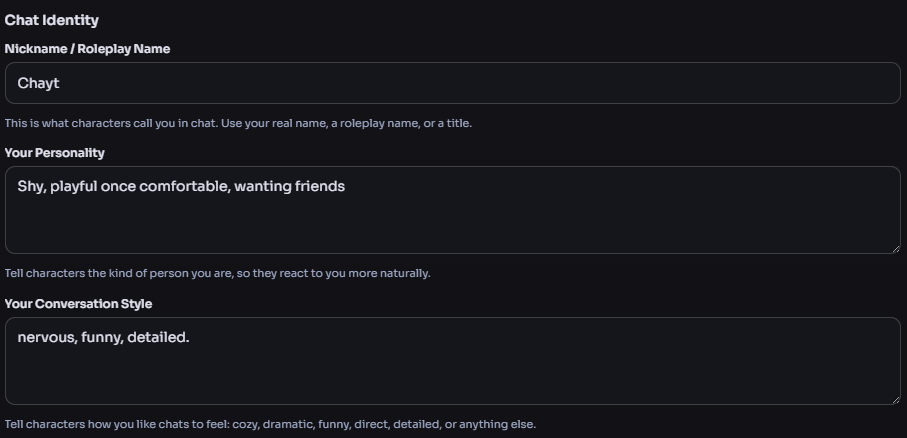 Chat Identity settings with nickname, personality, and conversation style fields