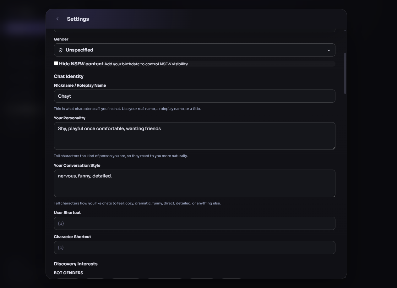 Settings and app controls screenshot
